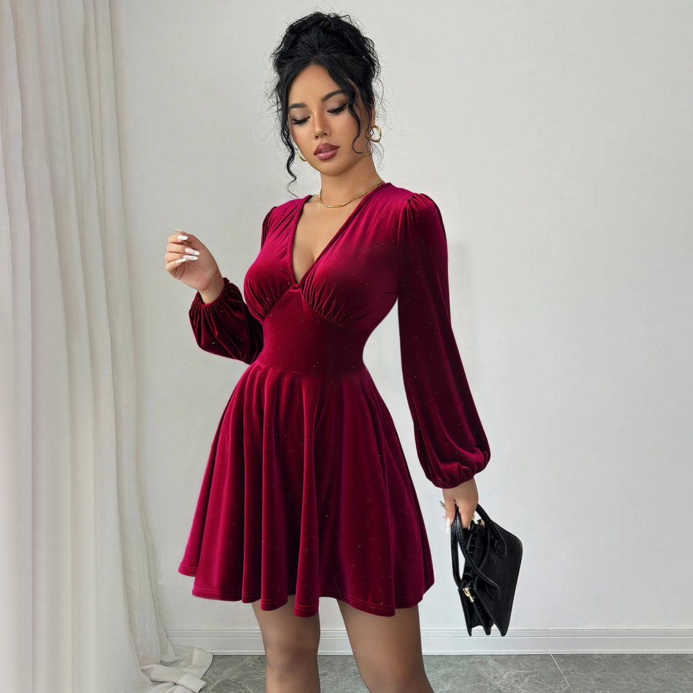 Retro Socialite Christmas Wine Red Velvet V neck Lantern Sleeve Slim Slimming A line Pleated Short Dress by Ragazza
