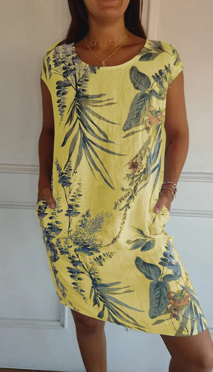 Women Clothing Summer Cotton Linen round Neck Printed with Pocket by Ragazza