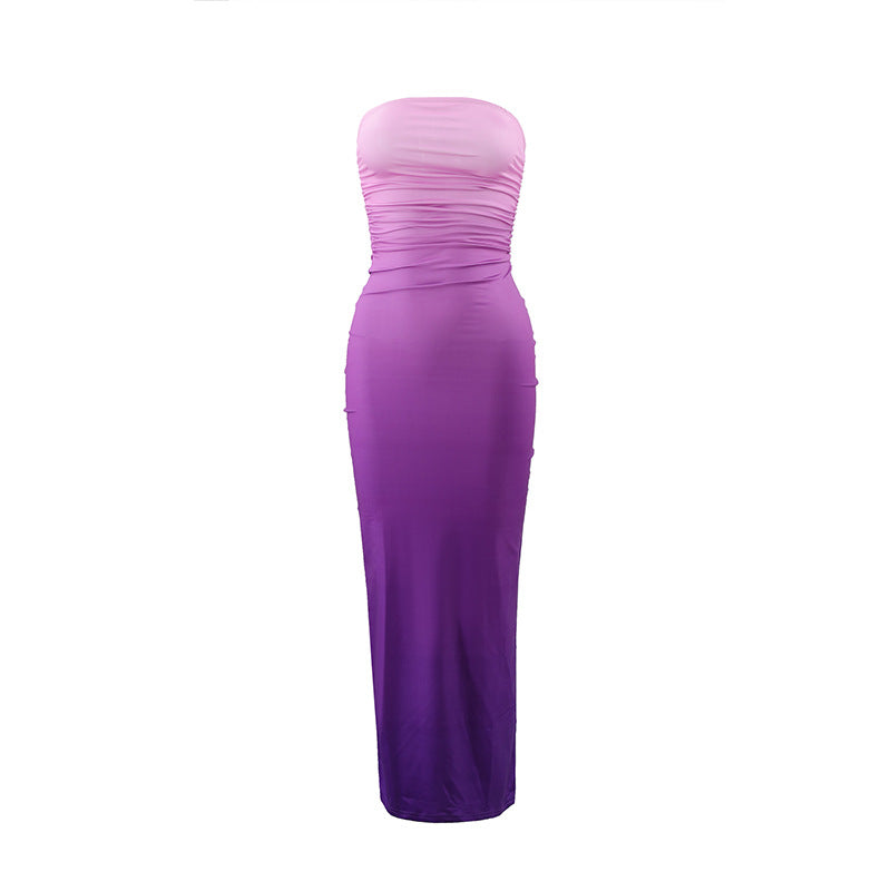 Women Clothing Summer Slim Fit Sexy Tube Top Gradient Color Mid Length One Step Dress by Ragazza