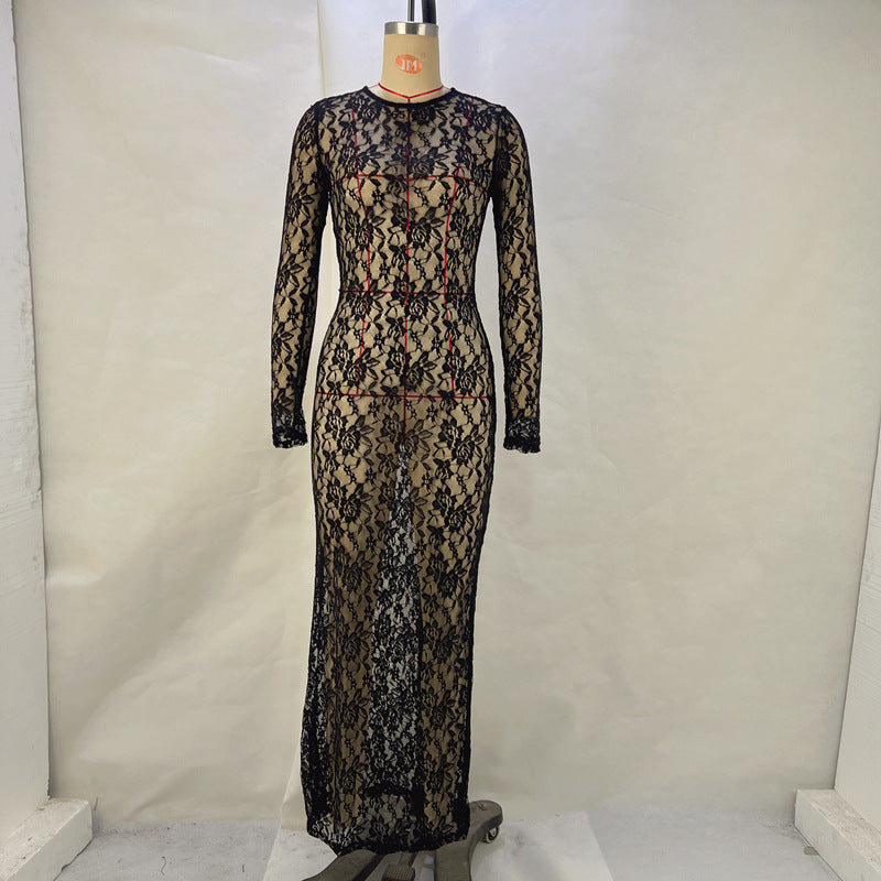 Women Clothing Spring Summer Solid Color Lace See through Long Sleeve Mid Length Dress by Ragazza
