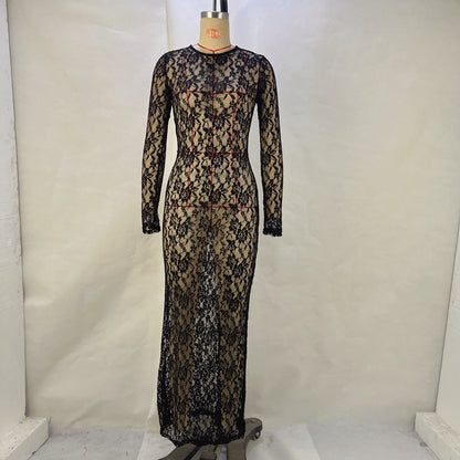 Women Clothing Spring Summer Solid Color Lace See through Long Sleeve Mid Length Dress by Ragazza