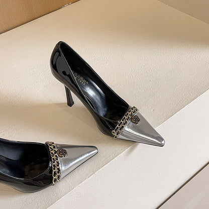 Design Color Matching Metal Chain Super High Heels Stiletto Pointed Toe Camellia Chanel Shoes  DestGlow
