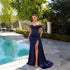 Navy Blue off-Shoulder Tube Top Boning Corset Lace Waist Dress High Slit Trailing Cocktail Host Evening Dress  DestGlow