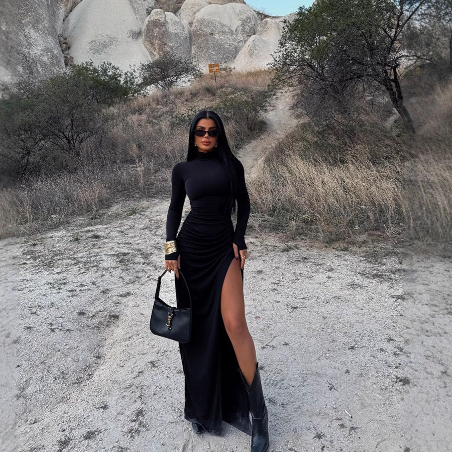 Autumn Stand Collar Long Sleeve Pleated Sexy Slit Hip Bag Dress Women by Ragazza