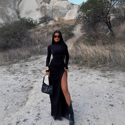 Autumn Stand Collar Long Sleeve Pleated Sexy Slit Hip Bag Dress Women by Ragazza