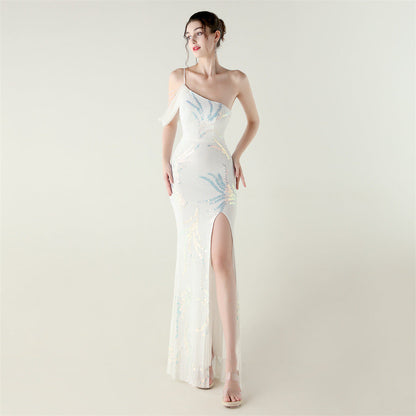 Sequin Mesh Craft Beaded Evening Dress off the Shoulder High Slit Fishtail Dress Swing Cocktail Social Socialite by Ragazza