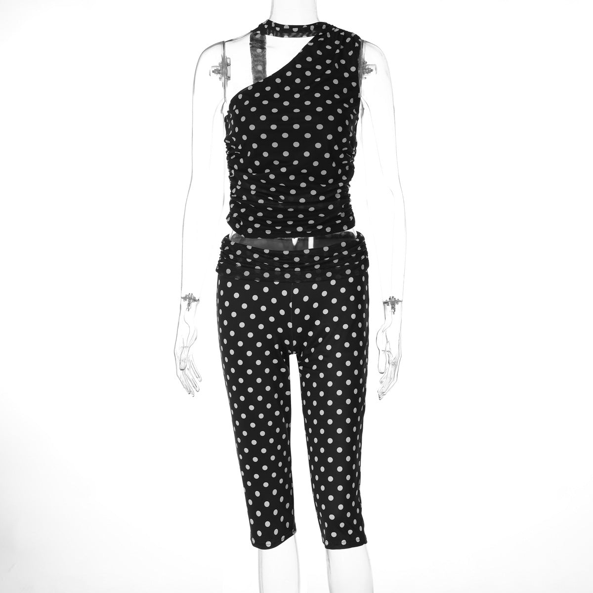 Winter Mesh Stitching Polka Dot Shoulder Diagonal Collar Top Slim Cropped Pants Set by Ragazza