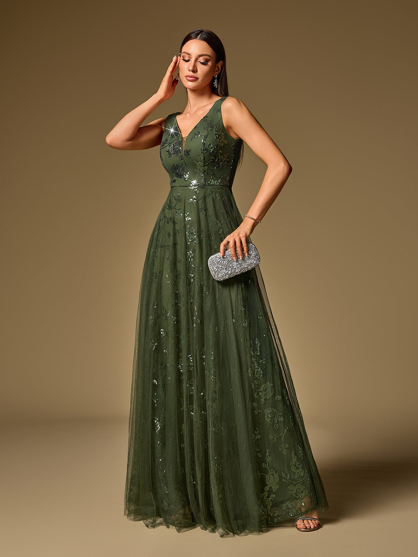 Sexy Deep V Plunge neck Large Swing Evening Dress Elegant Sexy Strap Pattern Sequin Gauze Dress Women by Ragazza