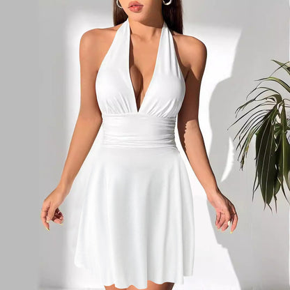 Women Clothing V neck Lace up Tight Pleated Sexy Backless Pleated Tied Dress by Ragazza