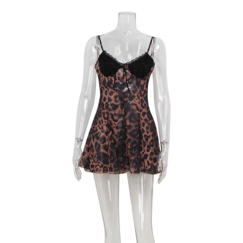 Best Seller in Sexy Leopard Print Strappy Low Cut Lace Stitching High Waist A line Slim Fit Sexy Dress Women by Ragazza