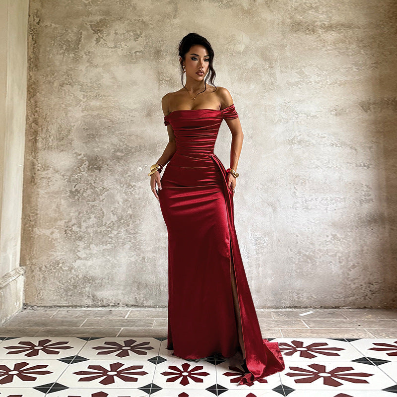 Off Shoulder Satin Dress for Women Autumn Sexy Split Dress by Ragazza