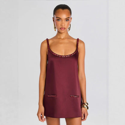 Spring Summer Rhinestone Satin Strap Dress Casual Vacation Short Dress by Ragazza