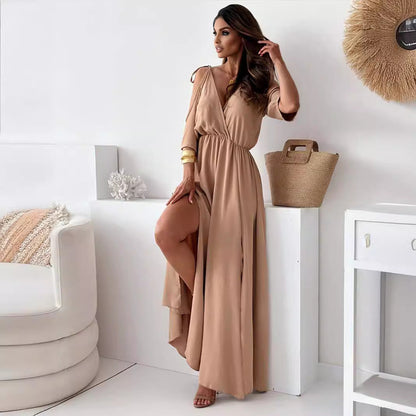 Women Clothing Solid Color Sexy Sling Half Sleeve Mid Length Dress by Ragazza