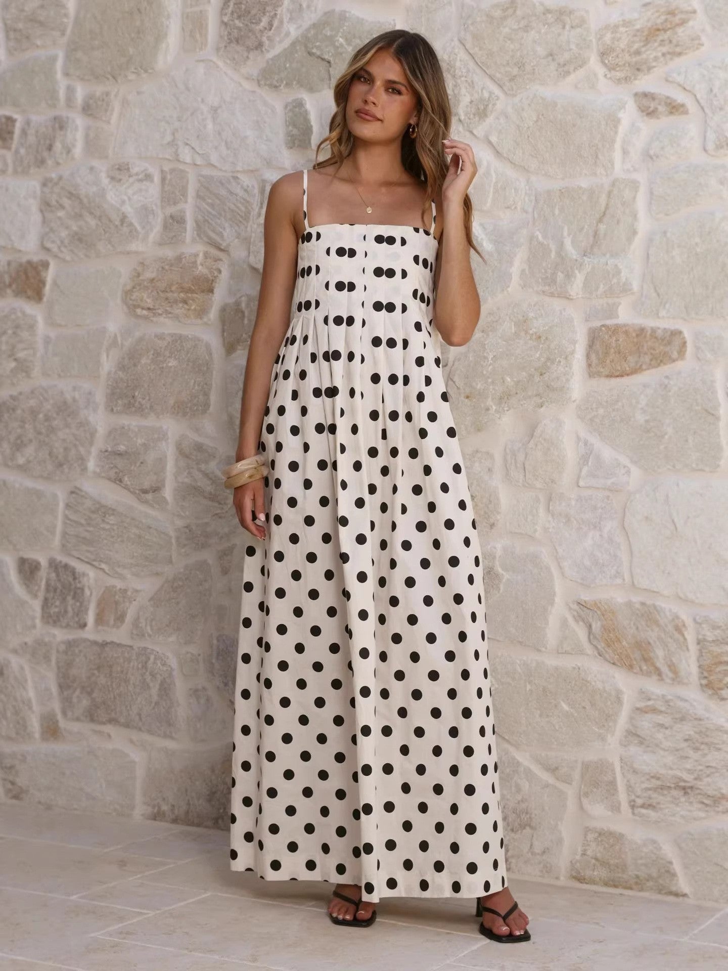 Summer Polka Dot Printed Pleated Craft Sweet Spaghetti Strap Mid Length Dress by Ragazza