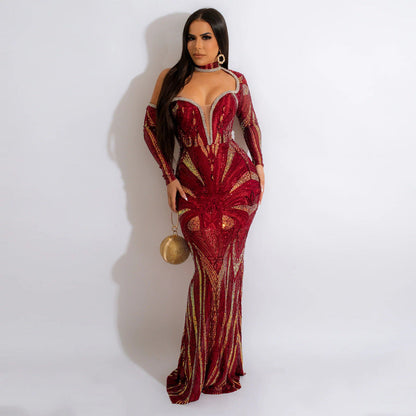 V Neck Halter Sequined Dress Women Slim Fit Host Party Women by Ragazza
