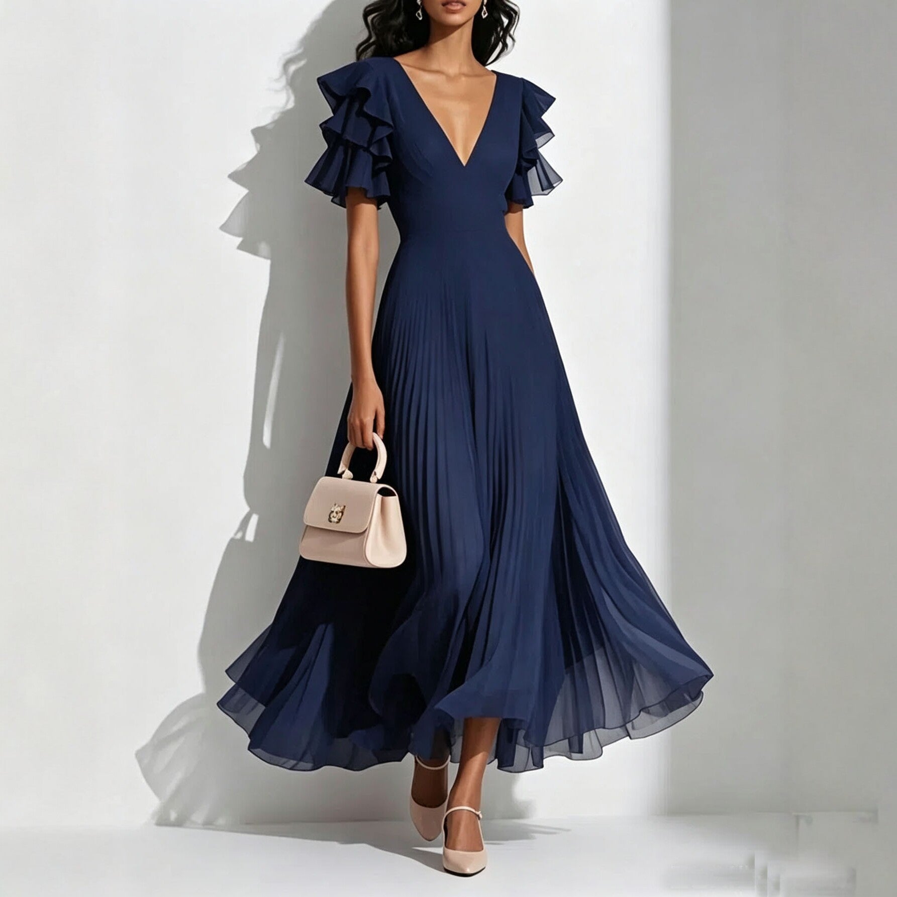 V neck Flounce Pleated Dress Women Elegant Graceful Waist Controlled Large Hem Dress  DestGlow