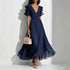 V neck Flounce Pleated Dress Women Elegant Graceful Waist Controlled Large Hem Dress  DestGlow
