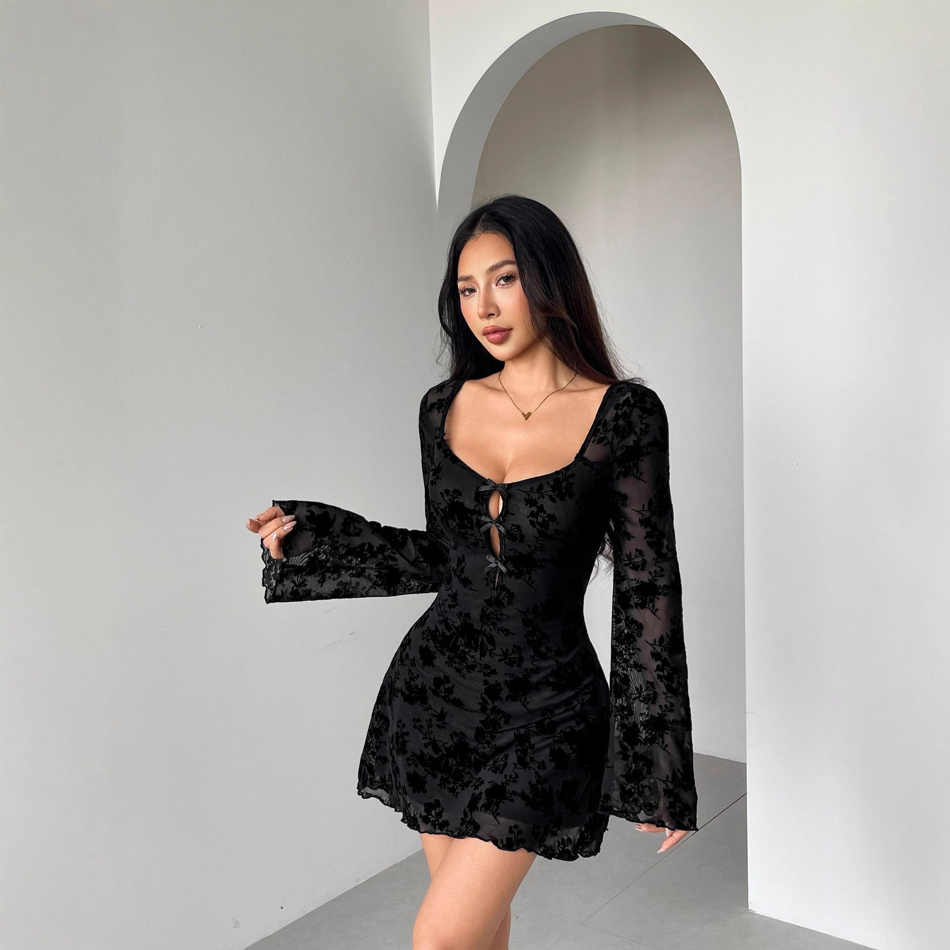 Fall Dress Flocking Long Sleeve Floral Hollow Out Cutout Bow Women Clothing by Ragazza