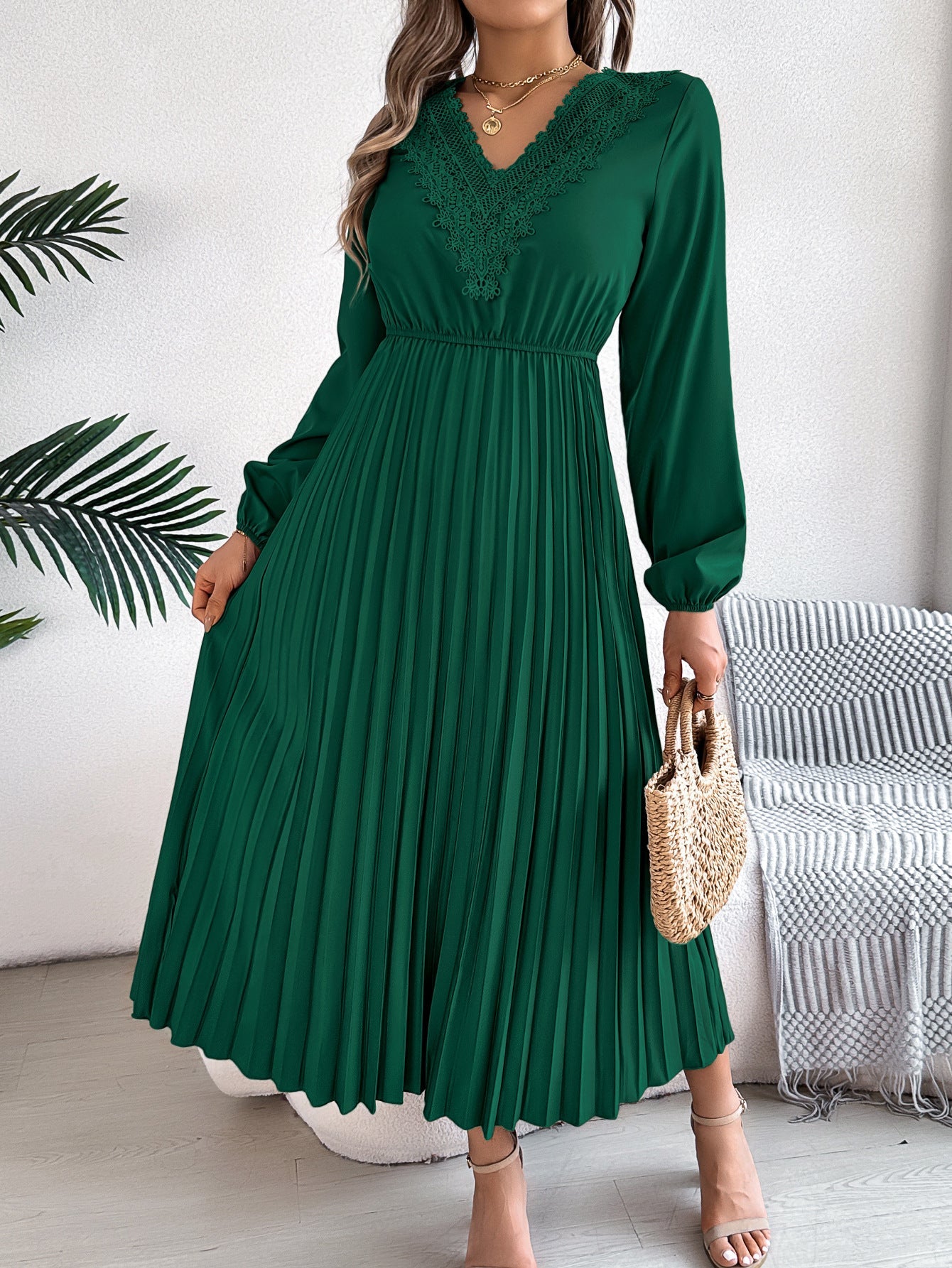 Spring Summer Elegant V neck Lace Cinched Pleated Maxi Dress Women Clothing by Ragazza