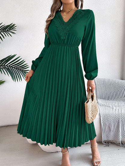 Spring Summer Elegant V neck Lace Cinched Pleated Maxi Dress Women Clothing by Ragazza