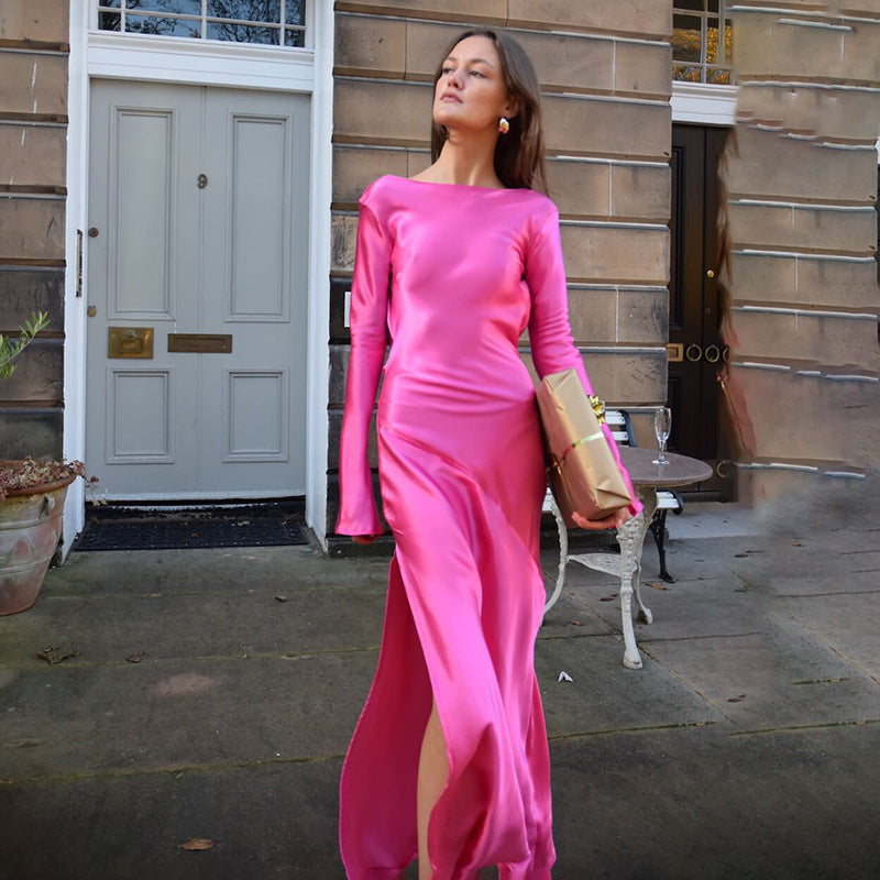 Winter Sexy Trend Long Sleeve Stitching Satin Backless Slit Formal Dress by Ragazza