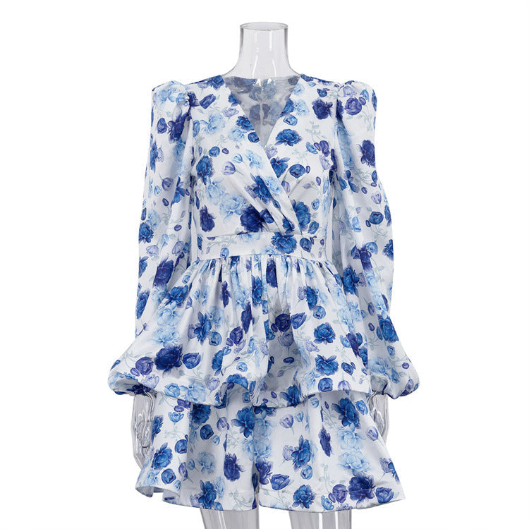 Elegant Women Clothing V neck Puff Sleeve A line Dress Autumn Printed High Waist Bubble Dress  DestGlow