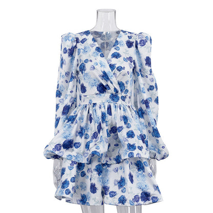 Elegant Women Clothing V neck Puff Sleeve A line Dress Autumn Printed High Waist Bubble Dress  DestGlow