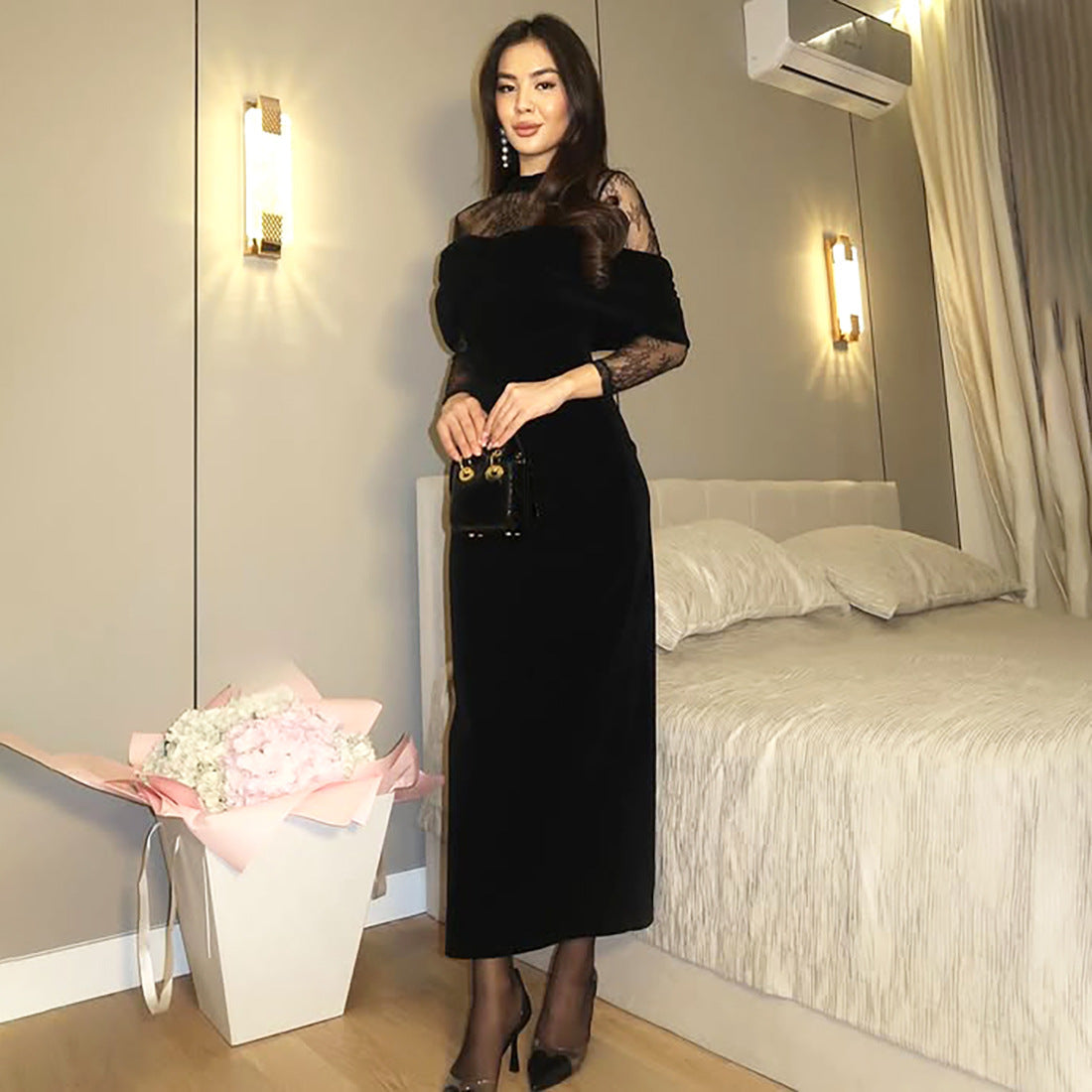 Winter Women Clothing Elegant Graceful Slim Fit Pleated Design Lace Stitching Dress by Ragazza