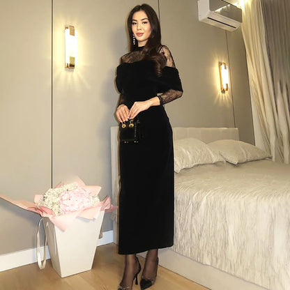 Winter Women Clothing Elegant Graceful Slim Fit Pleated Design Lace Stitching Dress by Ragazza