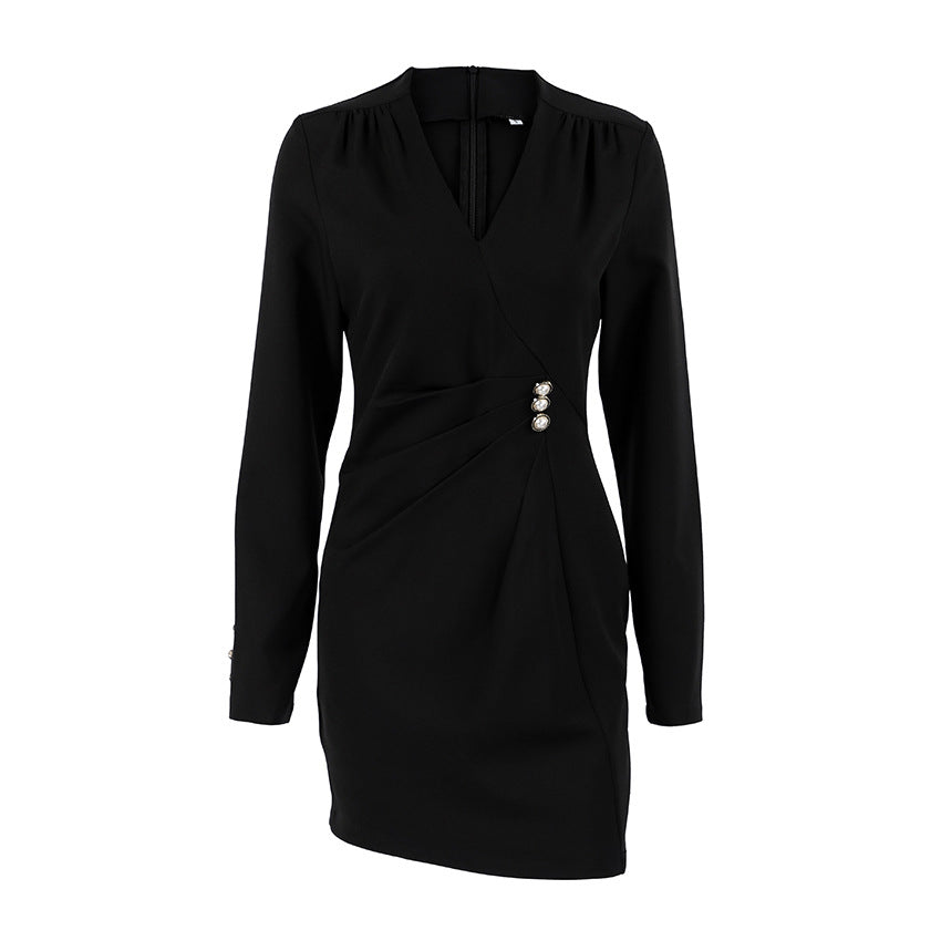 Design Pearl Button V neck Long Sleeve Shirt Women Elegant Waist Tight Hip Wrapped by Ragazza