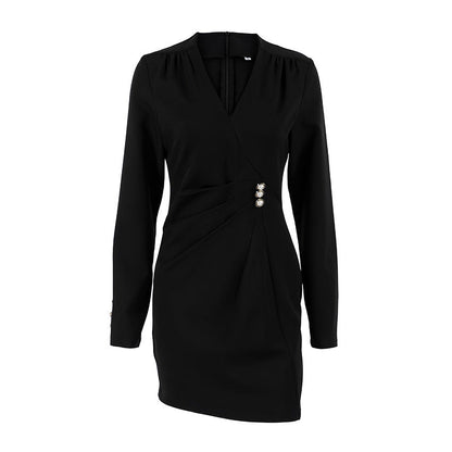 Design Pearl Button V neck Long Sleeve Shirt Women Elegant Waist Tight Hip Wrapped by Ragazza