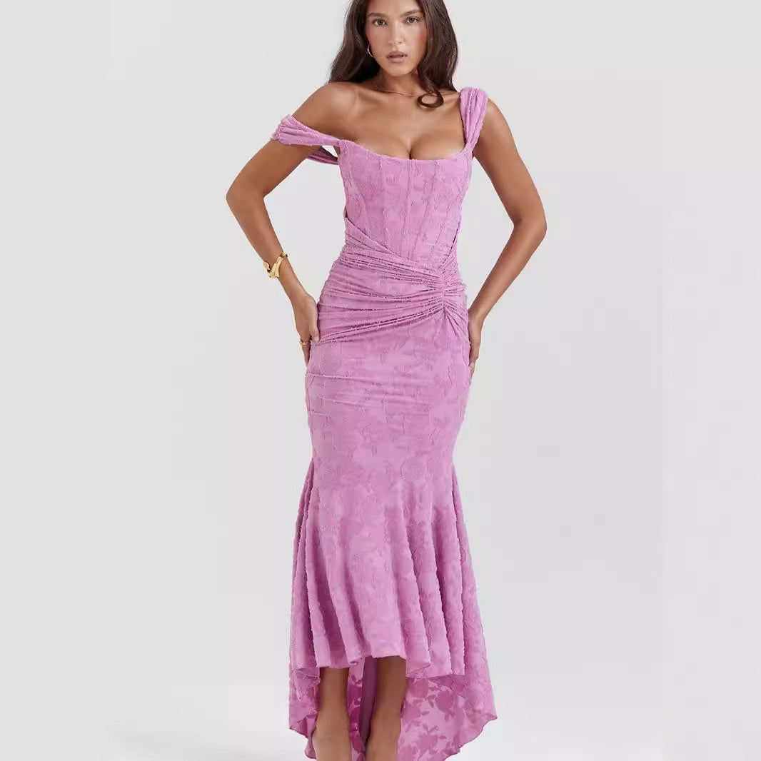Autumn Square Collar Elastic Net Jacquard Pleated Sleeveless Fishtail Cami Dress by Ragazza