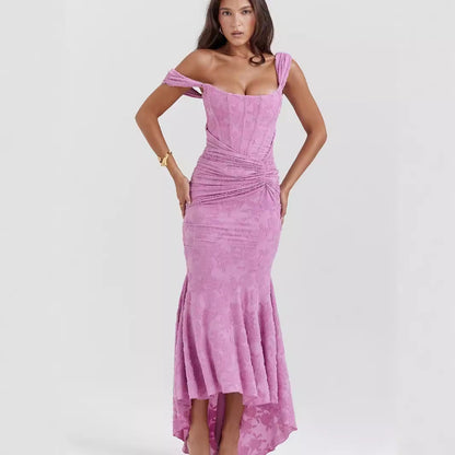 Autumn Square Collar Elastic Net Jacquard Pleated Sleeveless Fishtail Cami Dress by Ragazza