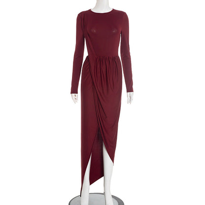Women Autumn Winter Sexy Figure Flattering Solid Color Long Sleeve Narrow Split Dress by Ragazza