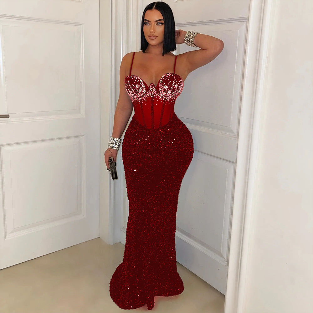 Velvet Sequined Party Dress Dress Rhinestone Strap Dress Sheath Dress Women by Ragazza