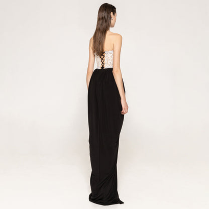 Sexy Women Lace Bead Strapless Dress High Elastic Split Long Dress by Ragazza