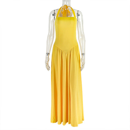 Women Clothing Office Fitted Waist Pleated A line Halter Sleeveless Long Solid Color Dress by Ragazza
