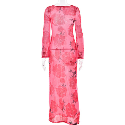 Sexy See through Mesh Floral Print Dress Lazy Casual Wild Dress by Ragazza