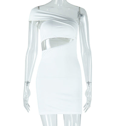 Women Clothing Solid Color Dress Sexy Diagonal Collar Cold Shoulder Sleeveless Hip Dress by Ragazza
