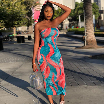 Women Clothing Spring Summer Colorful Tie Dye off Shoulder Tube Top Dress by Ragazza