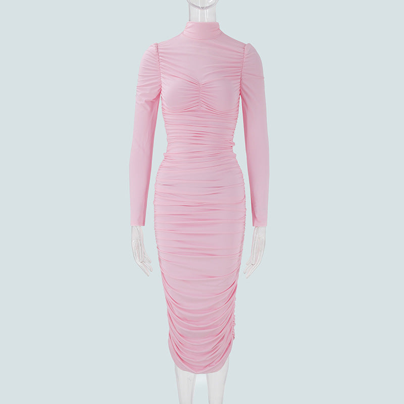 Autumn Elegant Socialite Private Clothing Stand Collar Long Sleeve Waisted Slim Fit Package Hip Pleated Niche Dress by Ragazza