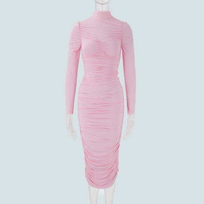 Autumn Elegant Socialite Private Clothing Stand Collar Long Sleeve Waisted Slim Fit Package Hip Pleated Niche Dress by Ragazza