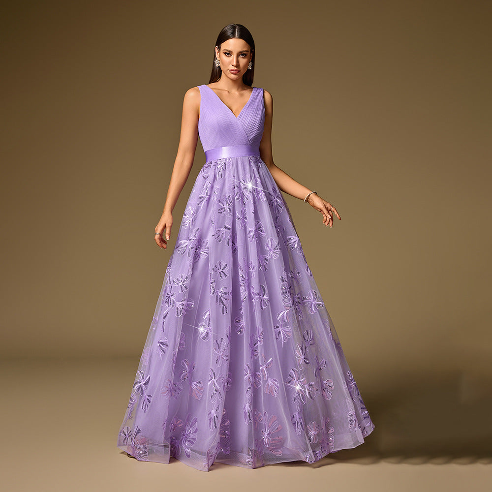 Handmade Pleated Embroidered Cloth Stitching Short Sleeve Double V neck Party Dress Back Zipper A Swing Dance Dress by Ragazza