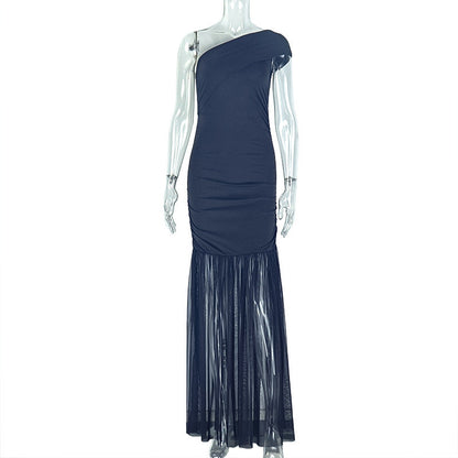 Fresh Solid Color Women Clothing Pleated Waist Tight Asymmetric One Shoulder Oblique Leader Split Length Dress by Ragazza