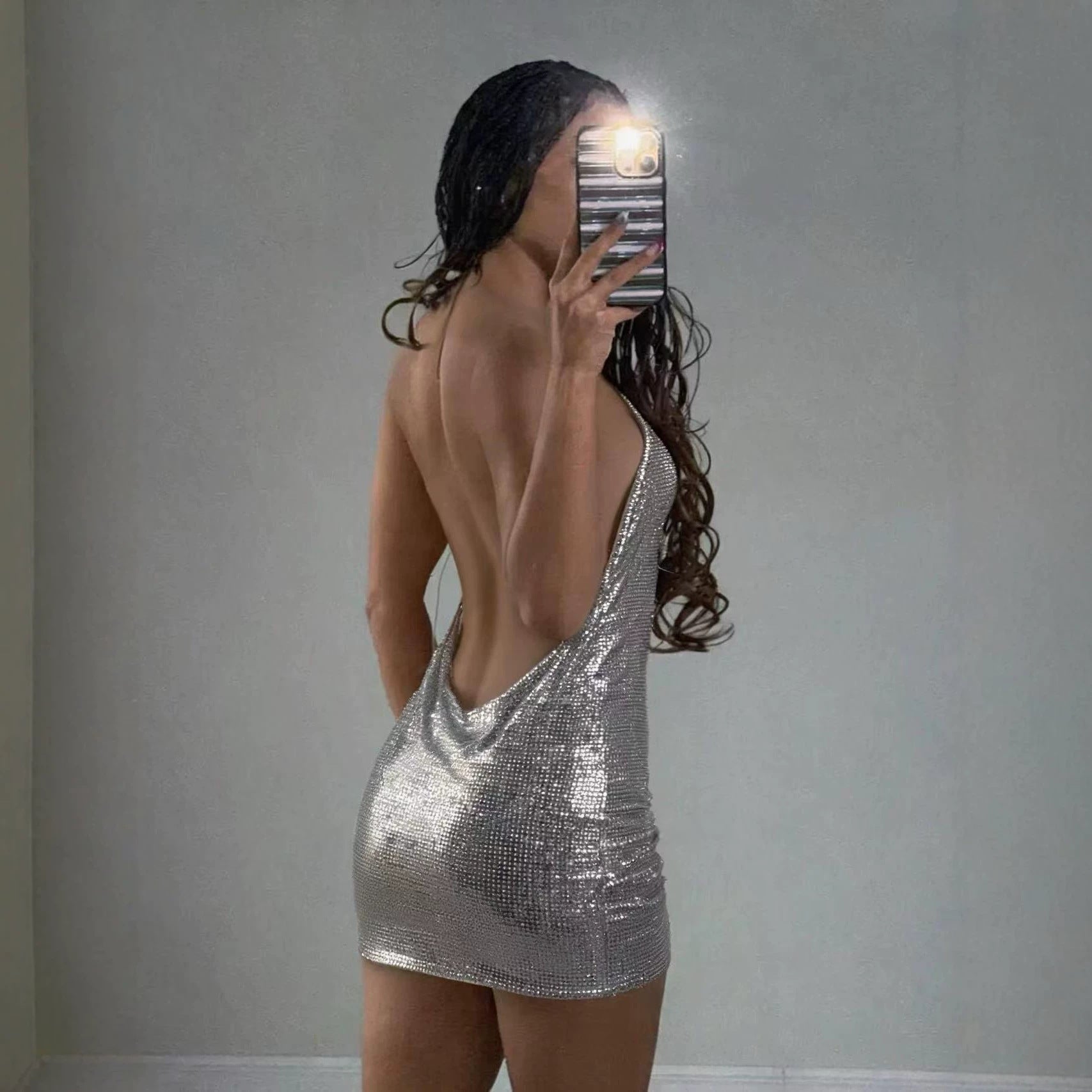 Electronic Music Festival Sexy Glossy Swing Collar Halter Backless Strap Aluminum Sheet Dress  DestGlow