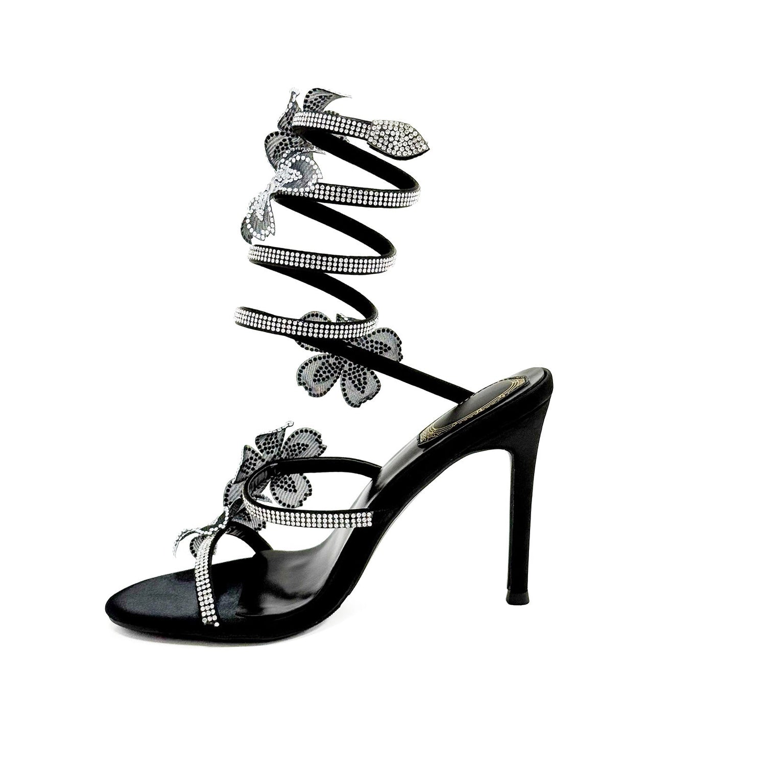 Black Gold 10cm Stiletto Heel Small round Head Rhinestone Floral High Heel Sandals Summer Heels  DestGlow