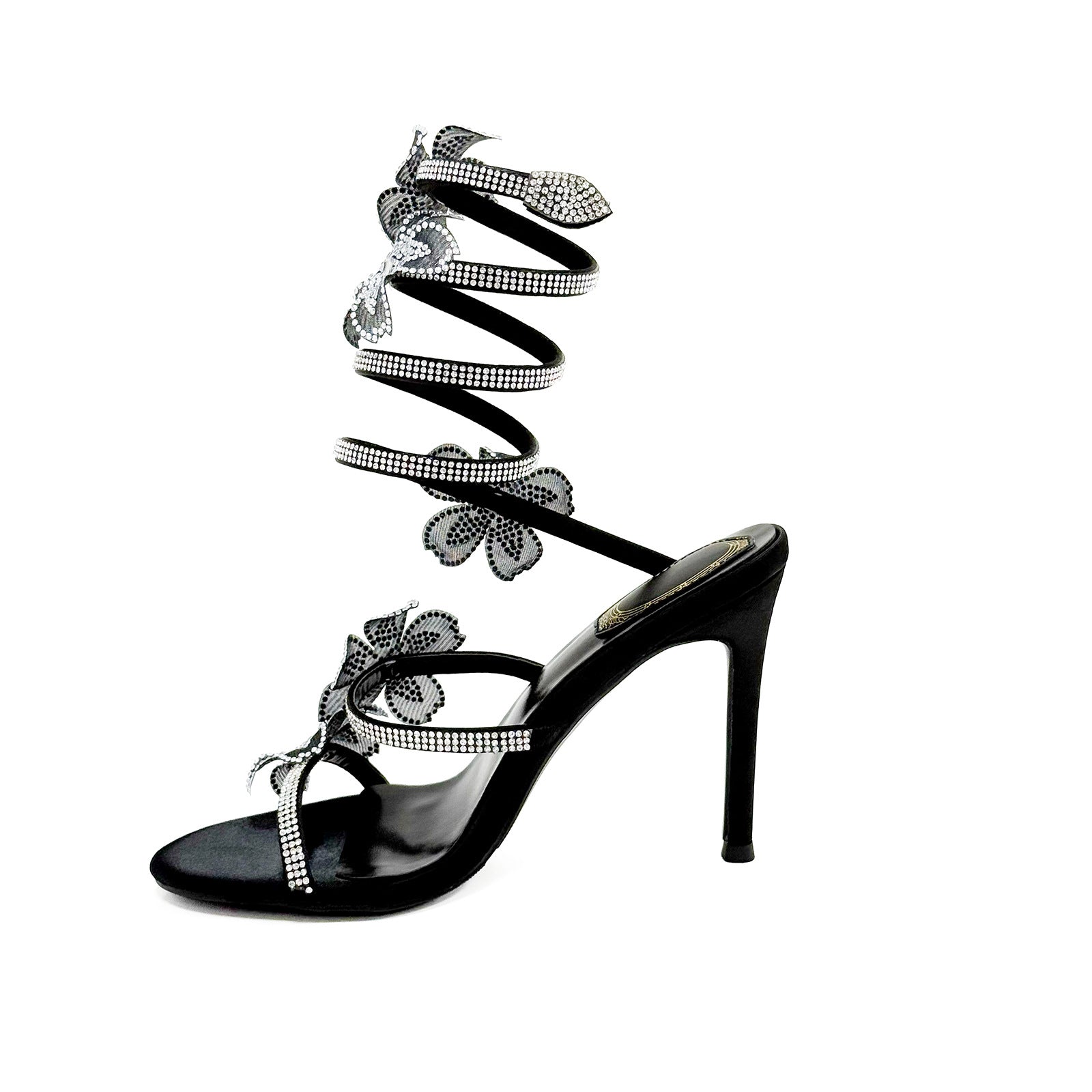 Black Gold 10cm Stiletto Heel Small round Head Rhinestone Floral High Heel Sandals Summer Heels  DestGlow