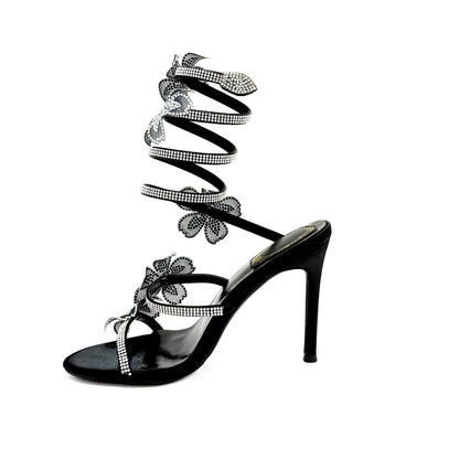 Black Gold 10cm Stiletto Heel Small round Head Rhinestone Floral High Heel Sandals Summer Heels  DestGlow