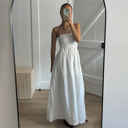 Purified Cotton Tube Top Dress Summer Vacation off the Shoulder Pleated High Waist Maxi Dress  DestGlow