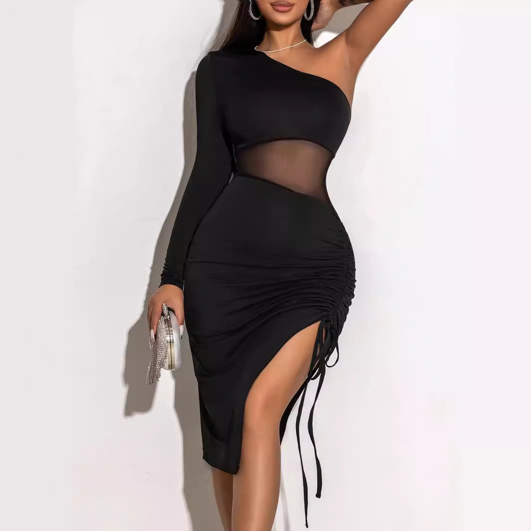 Summer Drawstring See Through Tight Dress Shoulder Long Sleeve Lace Mesh Body Shaping Dress by Ragazza